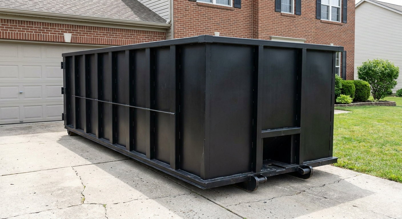 Matte-black 20-yard roll-off container on a Kingsburg residential concrete driveway with reinforced ribbed steel sidewalls and a hinged rear walk-in door, clean bright daylight.