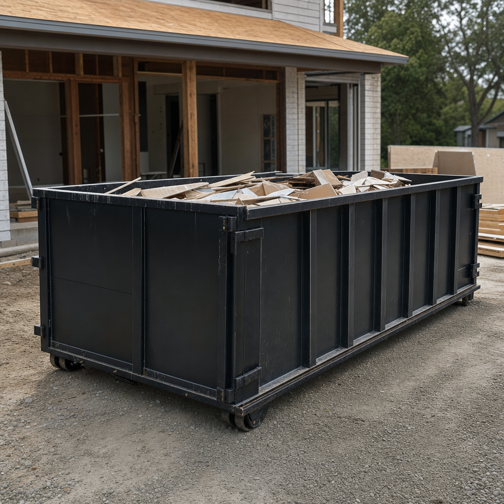 Large matte-black 30-yard construction roll-off dumpster at an active Kingsburg jobsite, steel-gray top rails and bottom rollers visible, loaded with construction debris.