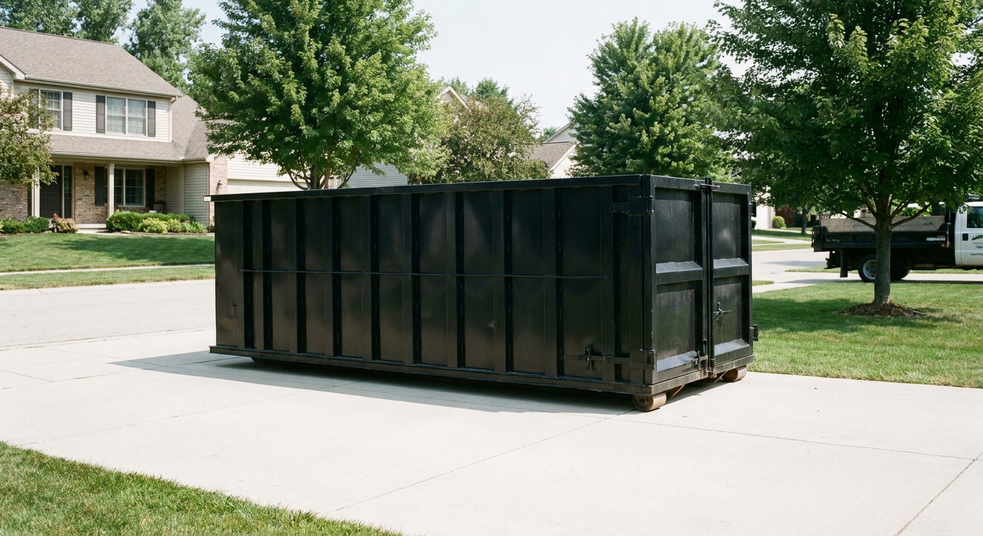 Matte-black 20-yard roll-off dumpster sitting level on a clean Kingsburg residential concrete driveway under bright daylight, demonstrating clean placement directly on the concrete.