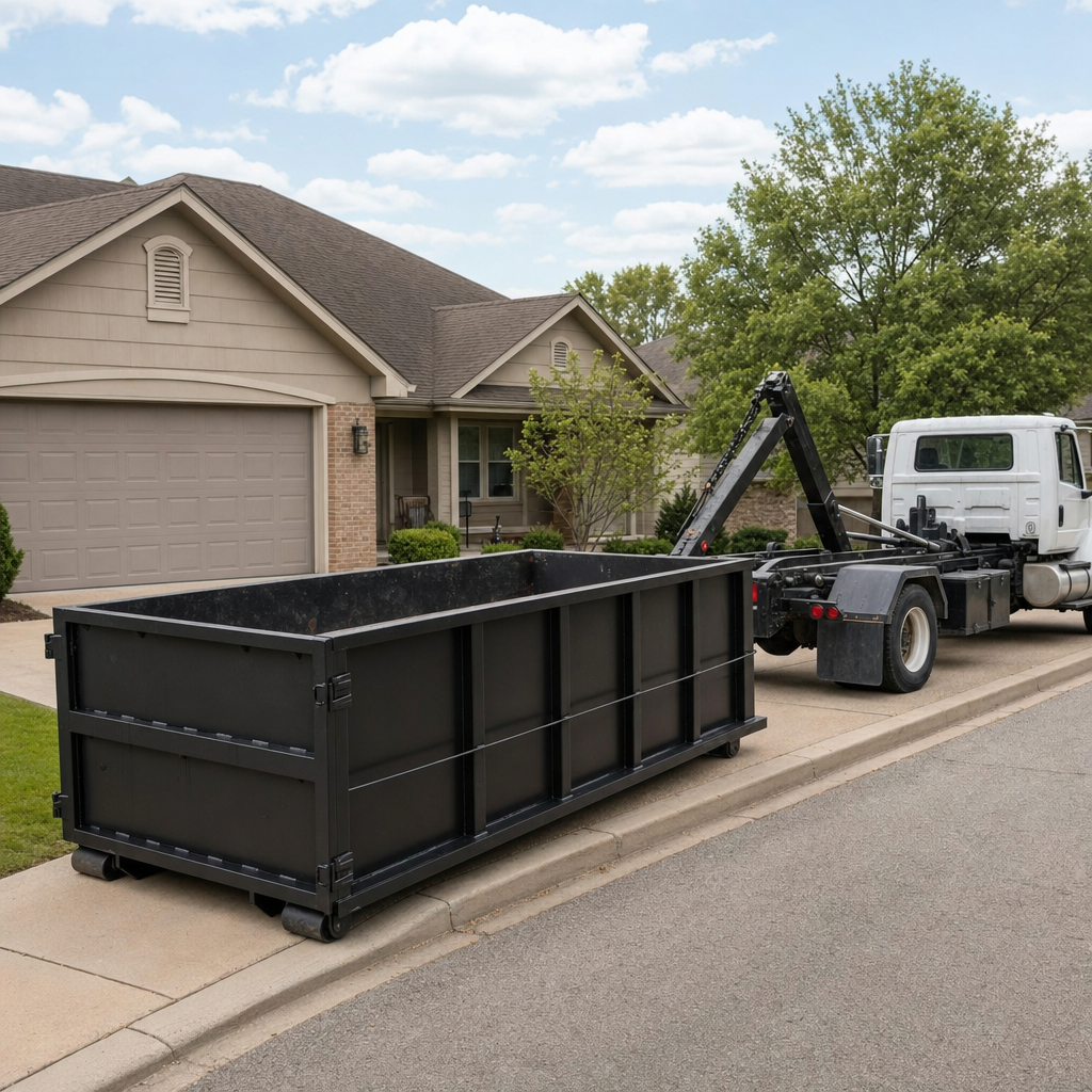 Wide documentary shot of a matte-black roll-off dumpster on a Kingsburg residential driveway in the foreground and a contractor jobsite container in the soft-focus background, bright daylight, calm and orderly composition.
