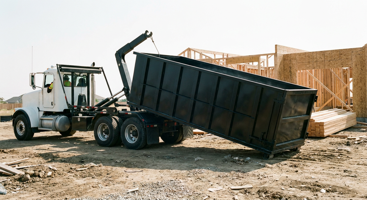 Matte-black roll-off dumpster being delivered onto a clean residential concrete driveway in Kingsburg by an unmarked white hooklift hauler truck, bright morning daylight, documentary 35mm perspective.